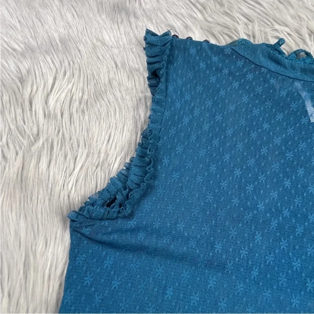 Free People Teal Blue Lace Ruffle Sheer Sleeveless Tunic Dress Size Small